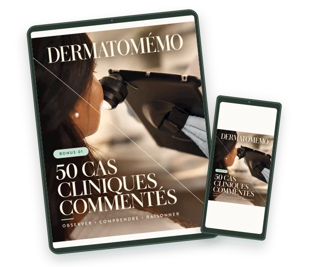 Bonus 1 : 50 cas cliniques commentés, couverture photographique et détails menthe sur tablette et téléphone